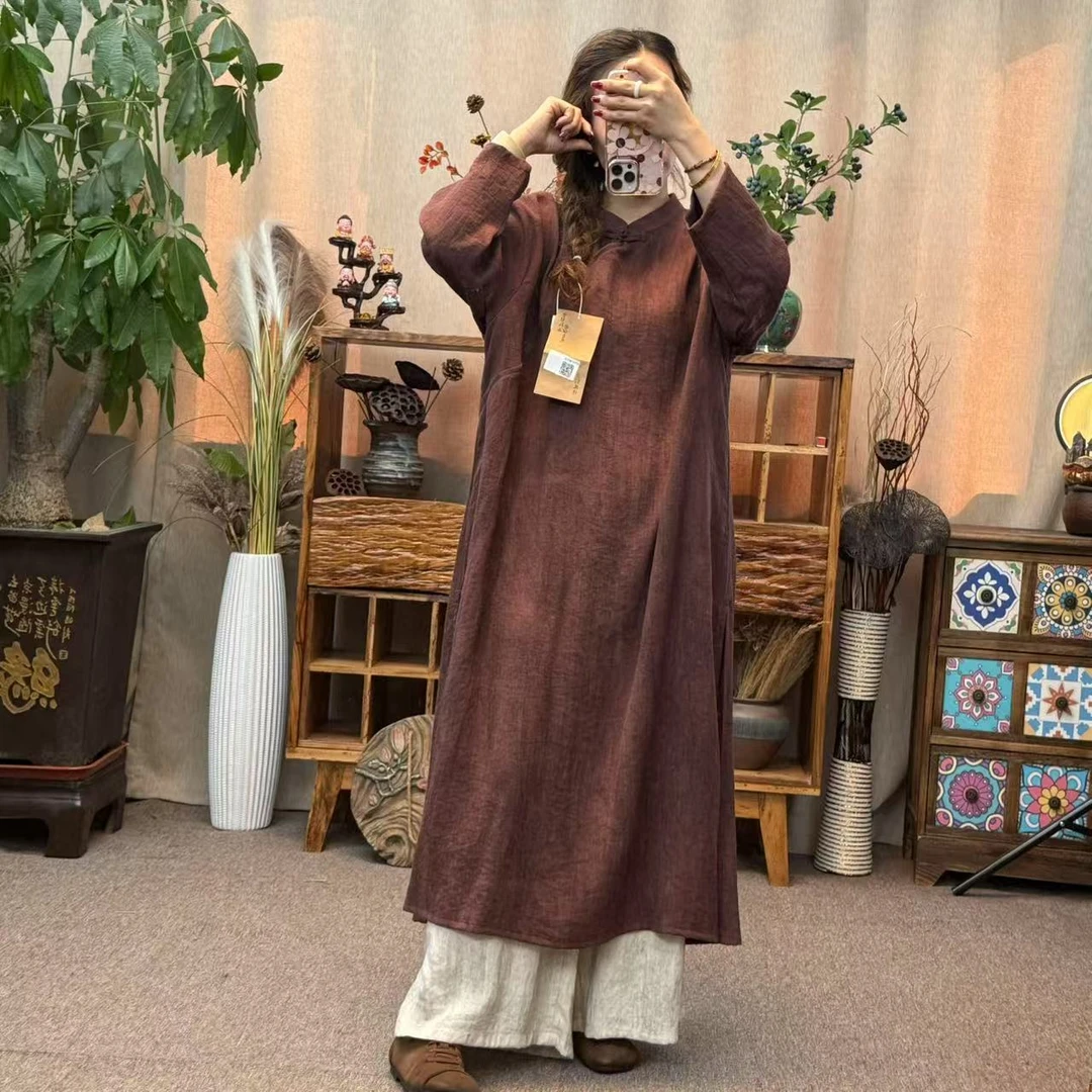 花璟与麻原创设计炒色做旧盘扣连衣裙袍裙（衣长116 胸围140 ）