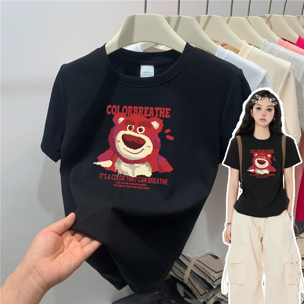 正肩显瘦显白短袖T恤女装设计感打底纯棉百搭卡通印花ins圆领上衣