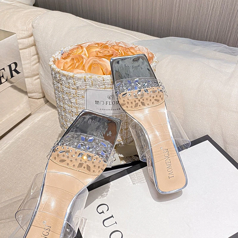 方头一字拖鞋夏季时装凉鞋水钻透明pvc水晶粗跟网红女鞋露趾