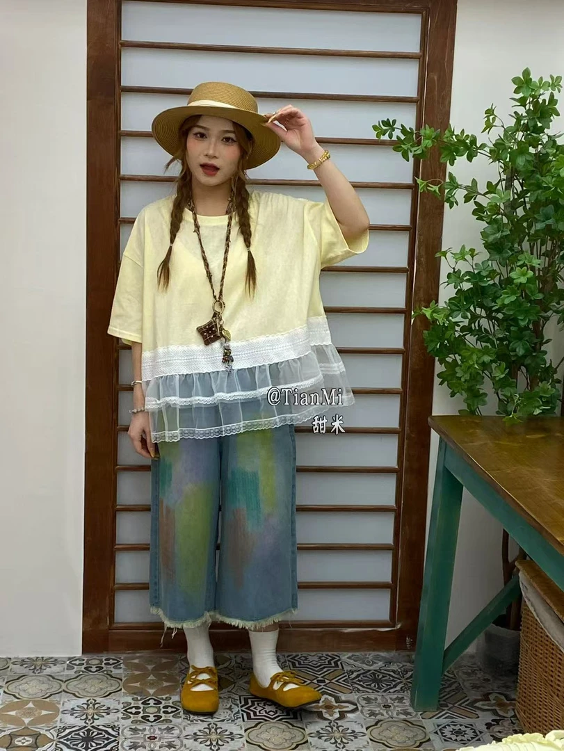 米多多 TM#83139#日系休闲拼蕾丝上衣