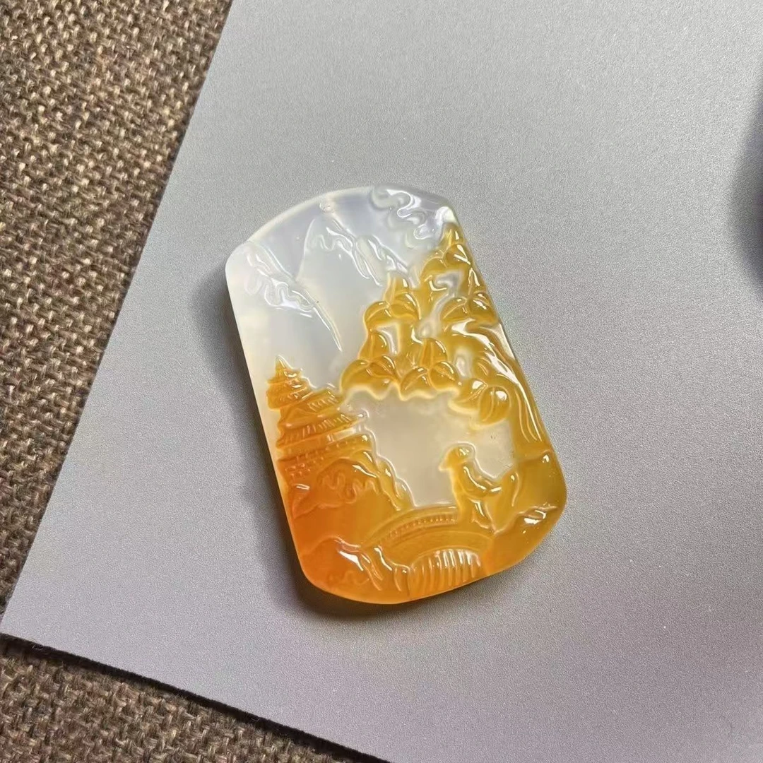 冰透俏色玛瑙玉髓山水牌玉石项链吊坠男女复古民族风男女气质款