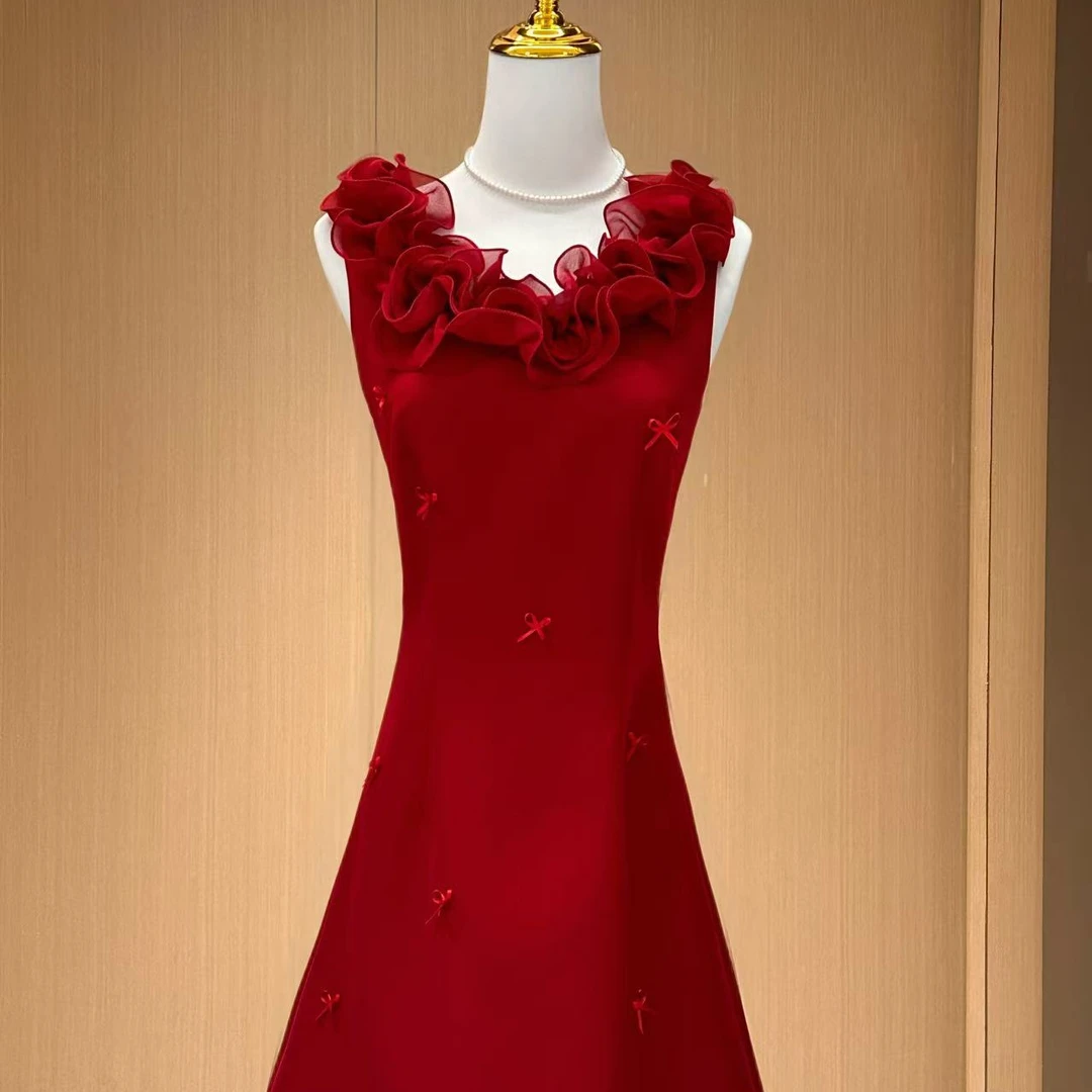 【雅乔定制】法式波浪卷边领口蝴蝶结收腰红色连衣裙DYLL-25066799