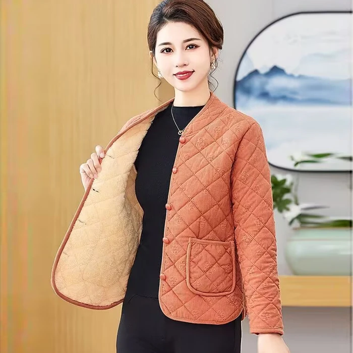 母亲时尚加绒保暖小棉衣秋冬加厚棉服中年女士妈妈装棉袄外套