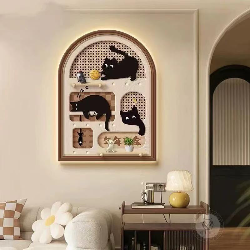 中古风餐厅装饰画猫咪洞洞板沙发背景墙挂画复古餐桌置物架壁