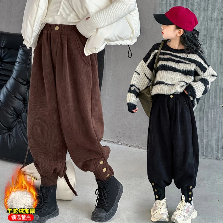 女童秋冬加绒束脚哈伦裤冬装新款中大童时尚洋气休闲裤外穿加厚