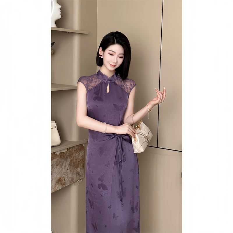 格娜夏季新中式紫色提花缎面改良无袖旗袍连衣裙气质修身连衣裙