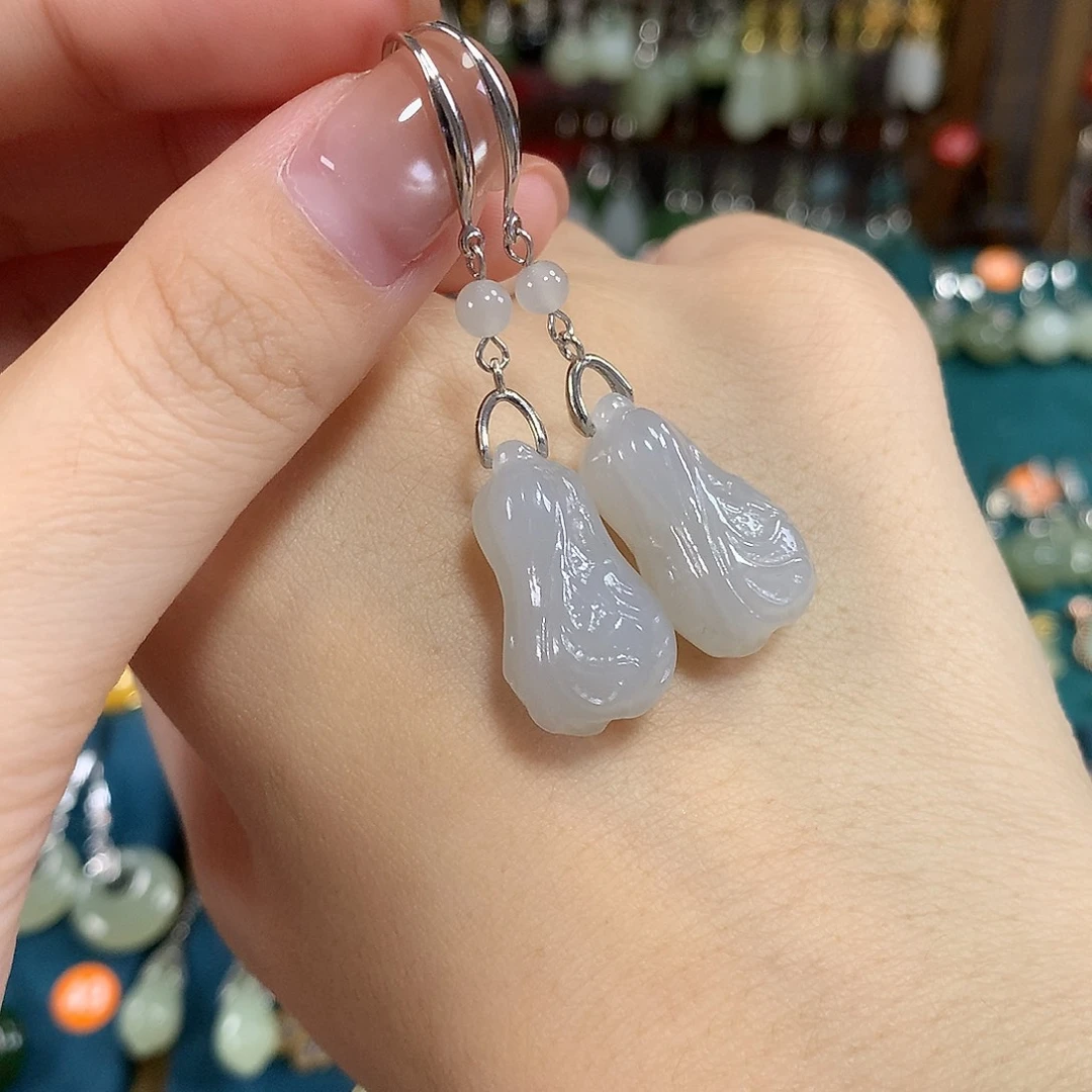 和田玉银S925镶嵌耳饰大白菜卡21.5左右 烟紫色