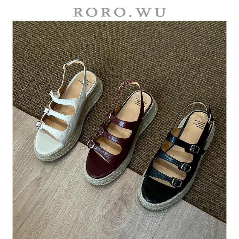 娆娆吴·羊皮夏季百搭日常扣带坡跟编织底简约草编凉鞋T581