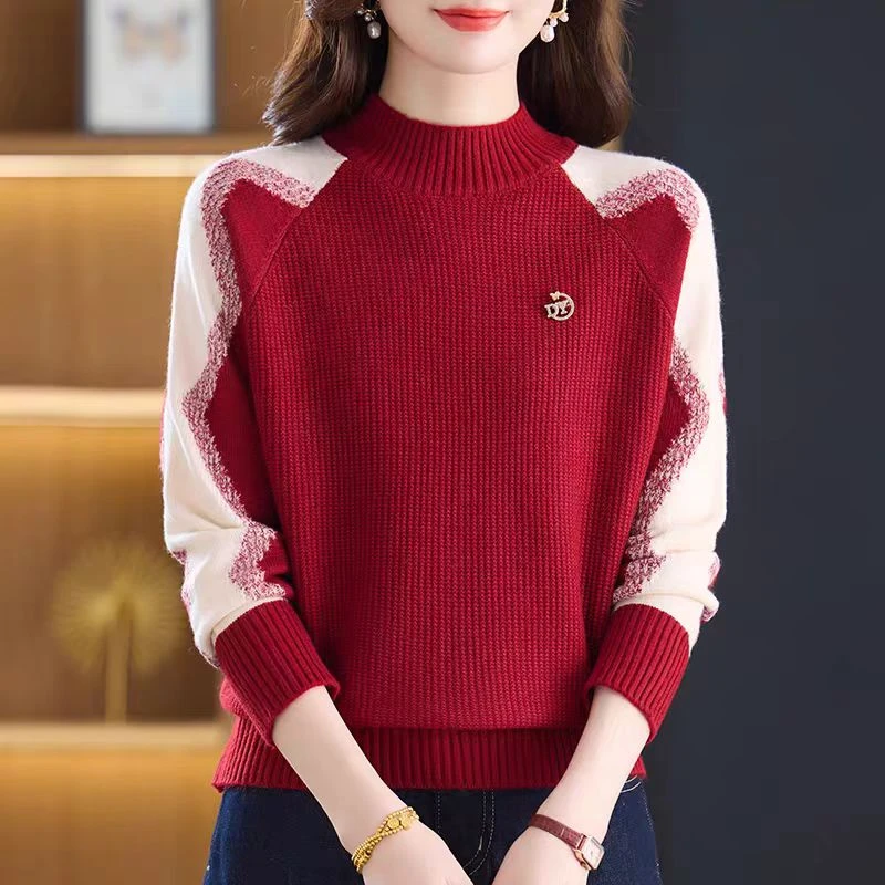 【红色不带胸针】气质撞色洋气圆领上衣秋冬新款百搭短款针织打底衫