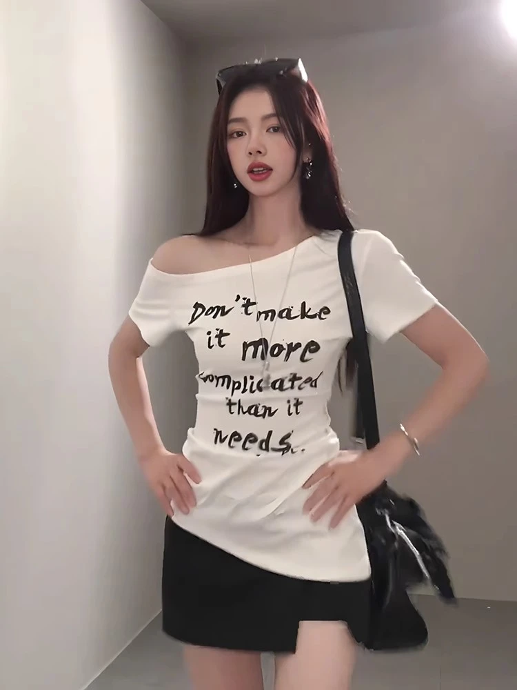 美式白色斜肩短袖甜辣T恤女夏季小众露肩性感不规则显瘦上衣