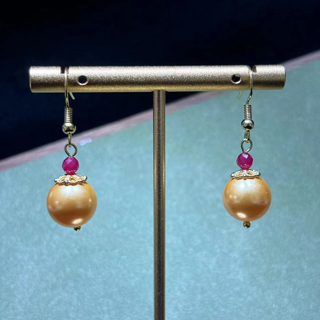 y2067-轻奢设计款香槟金圆珠贝珠耳坠-赠链-赠礼盒