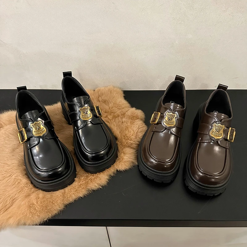 厚底黑色小皮鞋新款秋夏2025英伦风粗跟增高百搭圆头乐福鞋女款