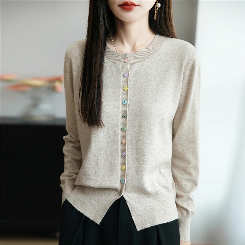 哥弟阿玛施正品羊绒2025早秋新款百搭长袖薄毛衣开衫女彩扣小个子