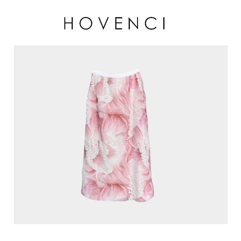 HOVENCI郝梵晞粉色半身裙2025春夏新款高腰重工渐变盘条钉珠裙
