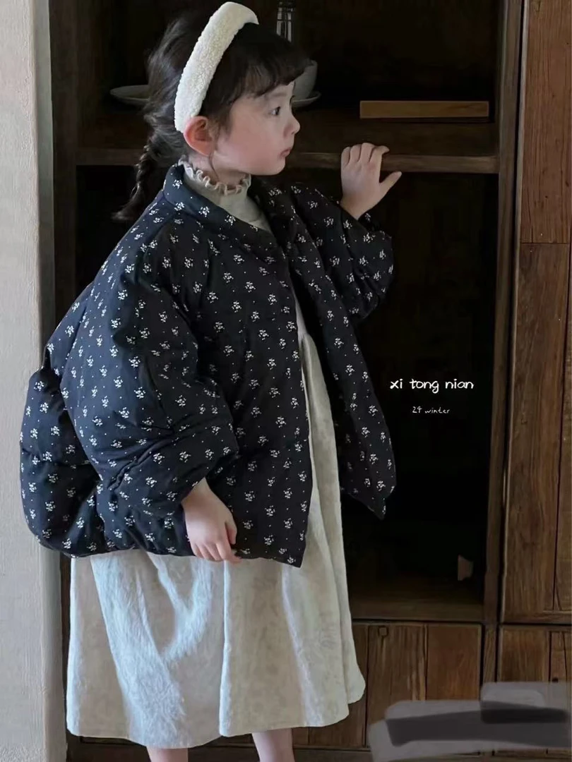 韩版黑色碎花女宝羽绒服