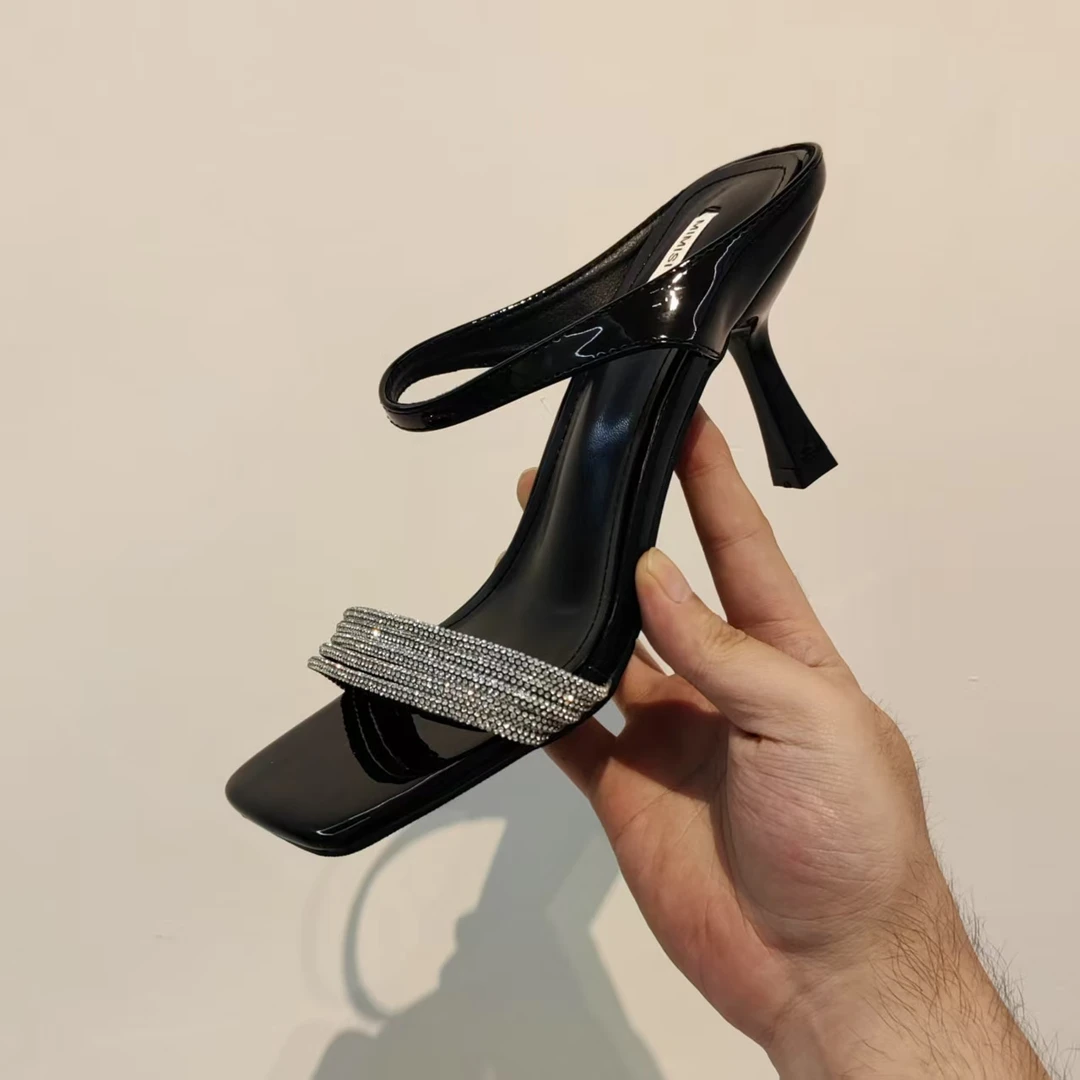 跟夏季仙女风法式水钻一字拖百搭高跟细高跟方头凉鞋女士