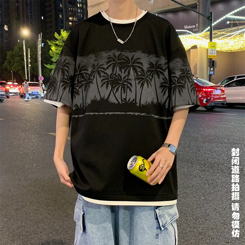 TX2403菠萝格短袖美式休闲宽松国潮印花情侣百搭夏季港风T恤
