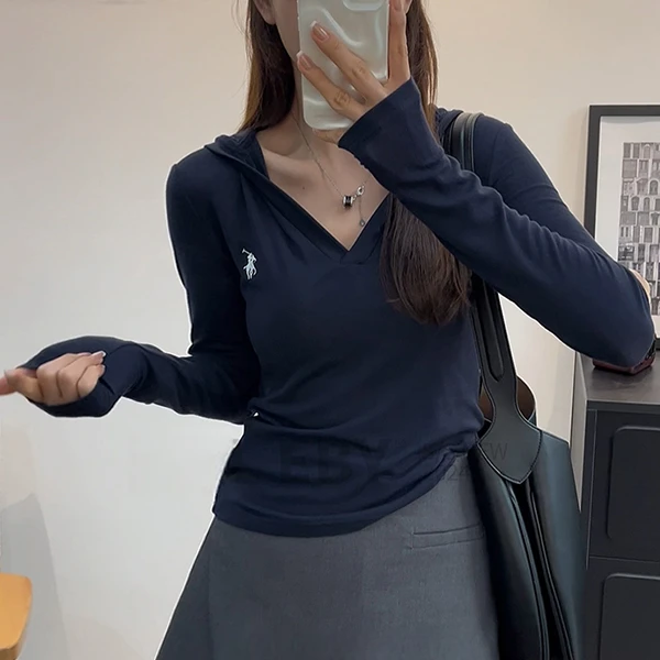 【一比Eby】莱赛尔+棉连帽刺绣小马显瘦V领长袖百搭卫衣上衣241543#