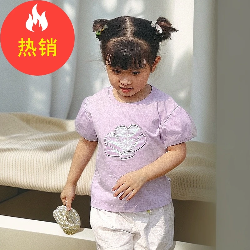 品牌儿童T恤夏季新款短袖女童纯色薄款中小童图案上衣XGT43611