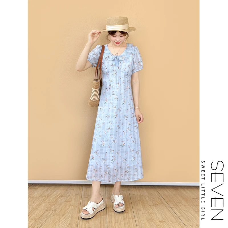 ⑧七七146小个子温柔洋气蓝色碎花荷叶领收腰显瘦系带连衣裙小美说