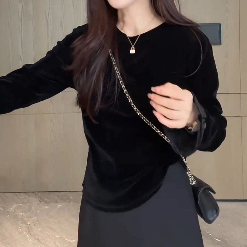 秋季丝绒圆领喇叭袖刺绣蕾丝拼接袖口长袖打底衫LK2506312