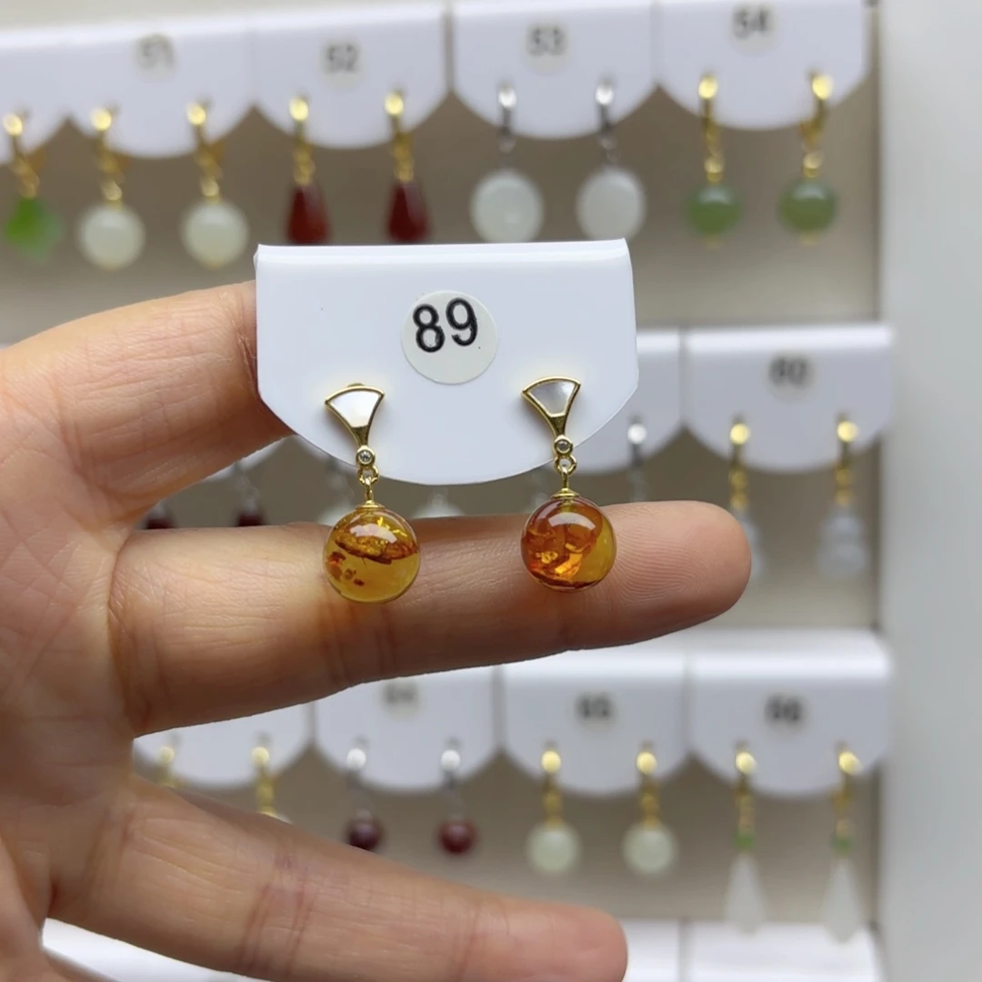 琥珀（花珀）银S925镶嵌耳饰