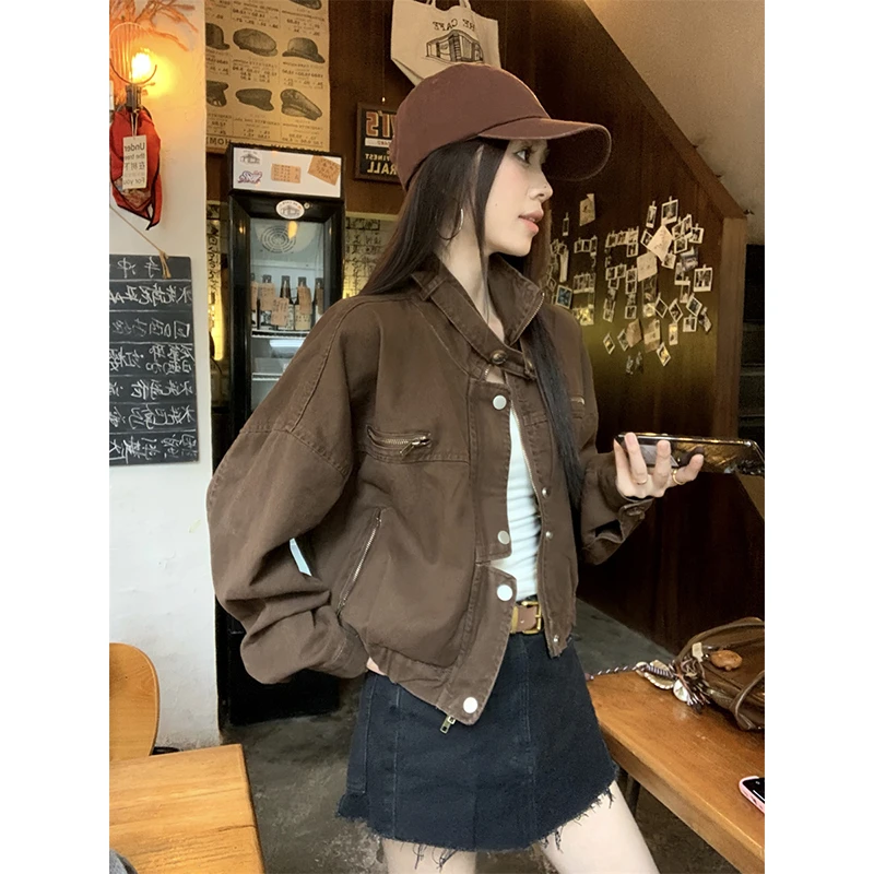 美拉德咖色短款工装外套男女款秋季休闲美式cleanfit夹克牛仔上衣