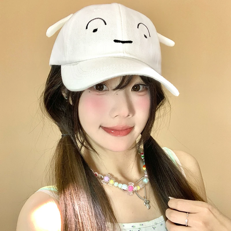 日系可爱小白鸭舌帽女2025新款卡通百搭软顶帽子宽檐显脸小棒球帽