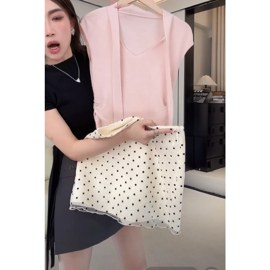 波点裙~夏季新款双层带薄纱波点裙显瘦显高气质短裙