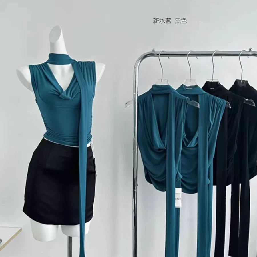 时尚气质姐姐系温柔欲感无袖飘带气质荡领百搭上衣夏季显瘦气质