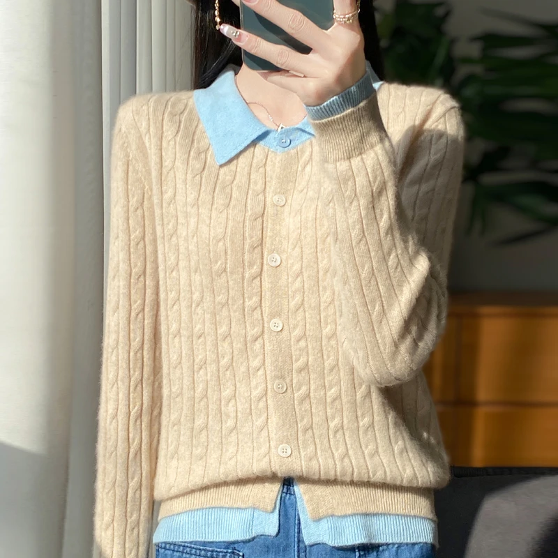 100%羊毛翻领拼色假两件女刺绣针织衫毛衣宽松针织衫ZM087