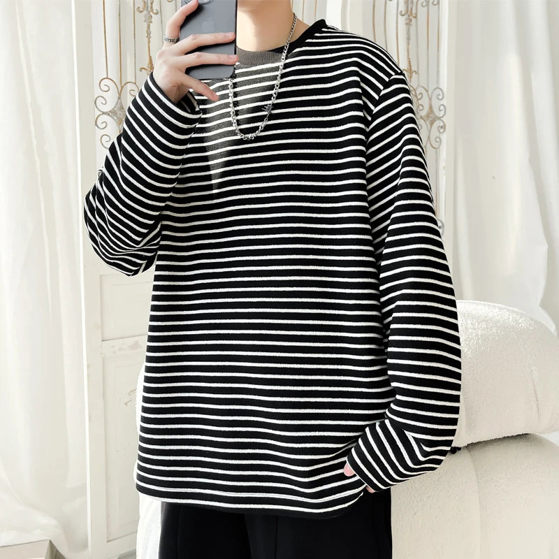 霄桂姿秋季条纹长袖T恤男圆领时尚长袖上衣潮流休闲内搭宽松卫衣