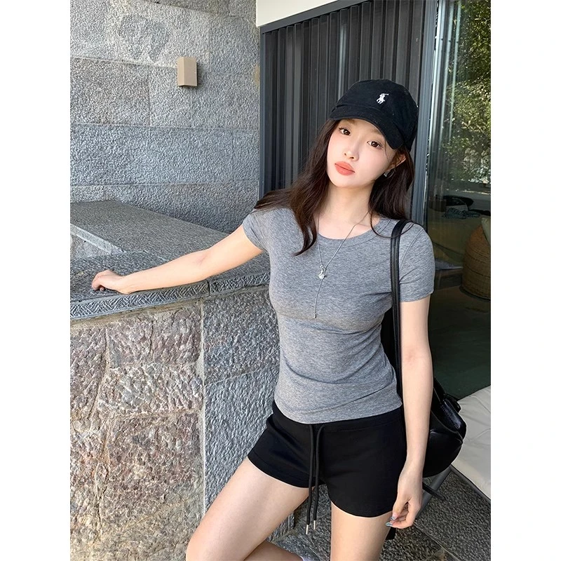 梅子熟了 圆领包肩袖修身内搭短袖T恤女春夏莱赛尔羊毛针织上衣