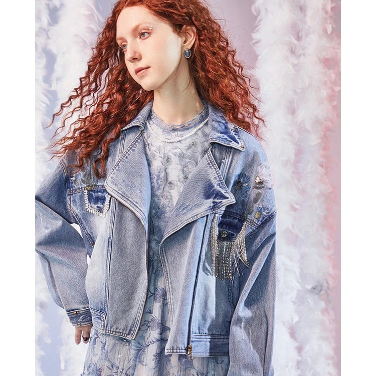 【莲灿】秋冬新浪漫刺绣铆钉流苏翻领短款宽松牛仔外套7120396005