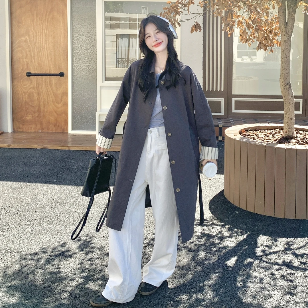 韩系条纹拼接翻领风衣女2025秋新款宽松休闲气质松弛感中长款外套