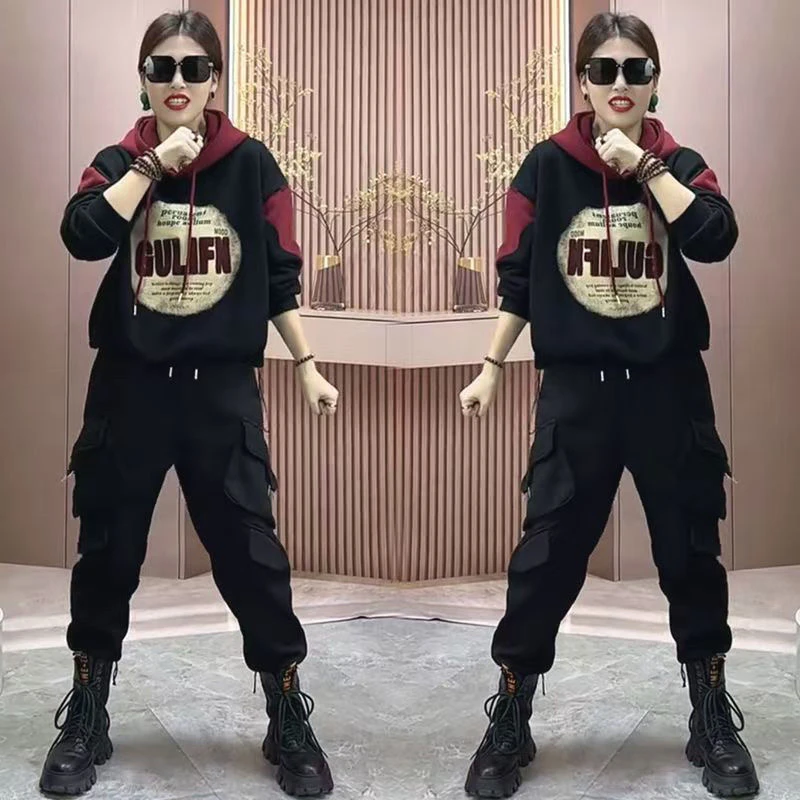 2025休闲运动套装女春秋新款韩版宽松显瘦字母拼色帽卫衣两件套女