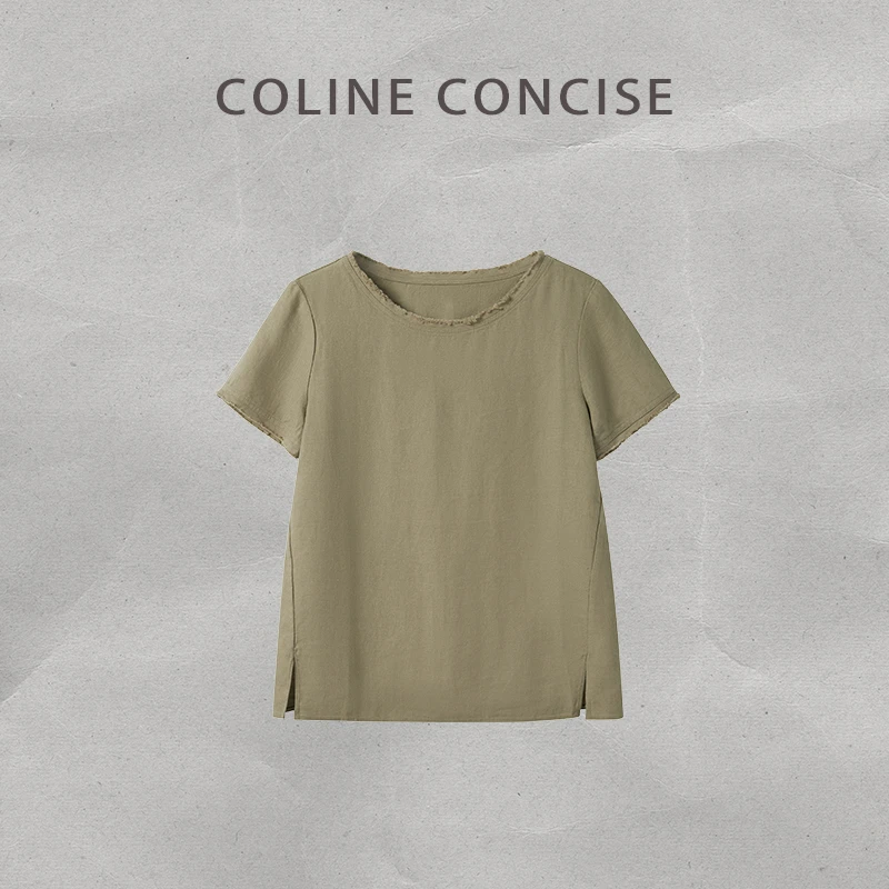 COLINE CONCISE 25SS【简约假日】短袖T恤磨边圆领侧开叉上衣套装
