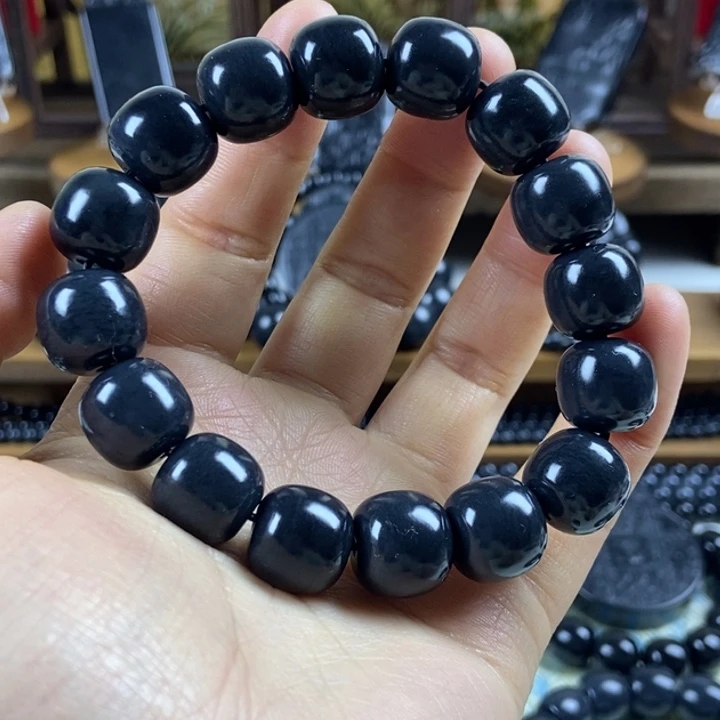 和田玉（墨玉）未镶嵌手串卡14老型灰调