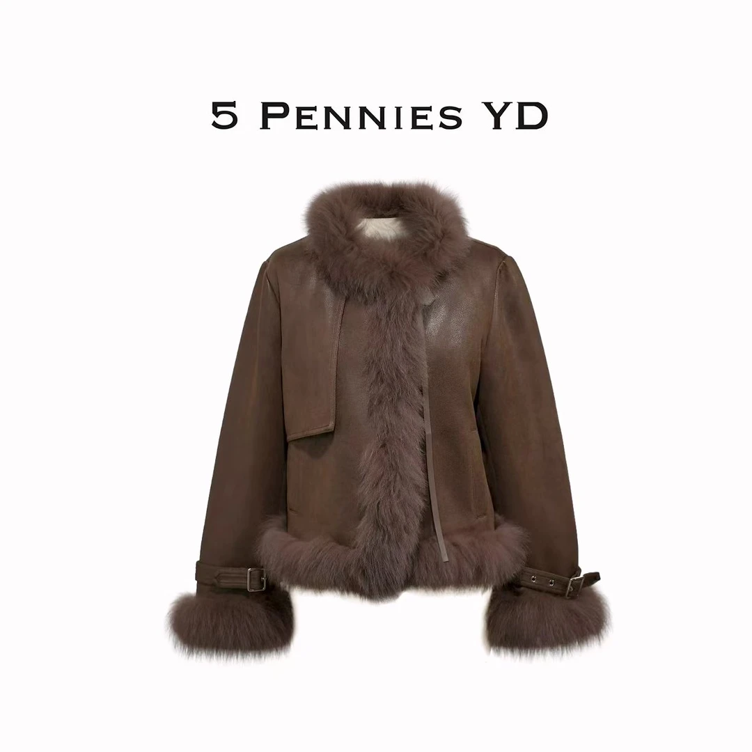 5 PENNIES YD设计师款秋冬季时尚复古深咖色毛领短外套5251116