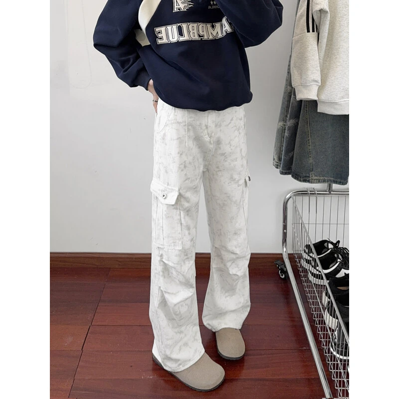 白色大理石纹印花脏脏裤子男款春秋美式伞兵工装裤直筒宽松阔腿裤