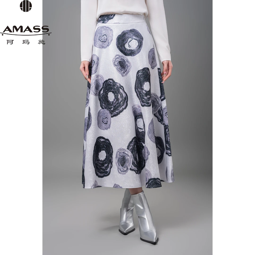 AMASS/阿玛施早春新款时尚新中式水墨风气质高腰A字半身裙5200428