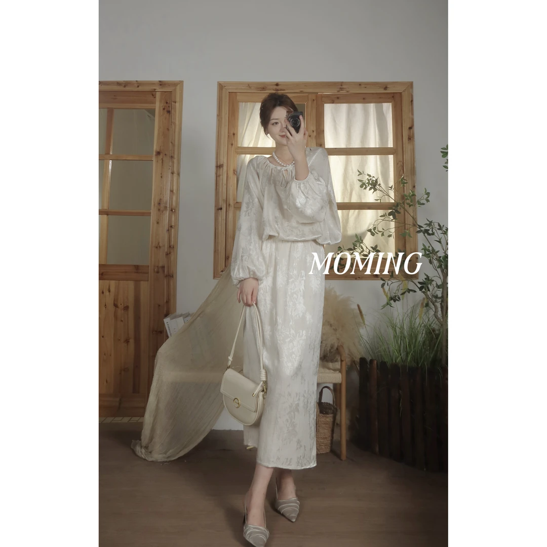 MOMING早秋新品 柠檬叶 法式复古重工提花小众设计款套装