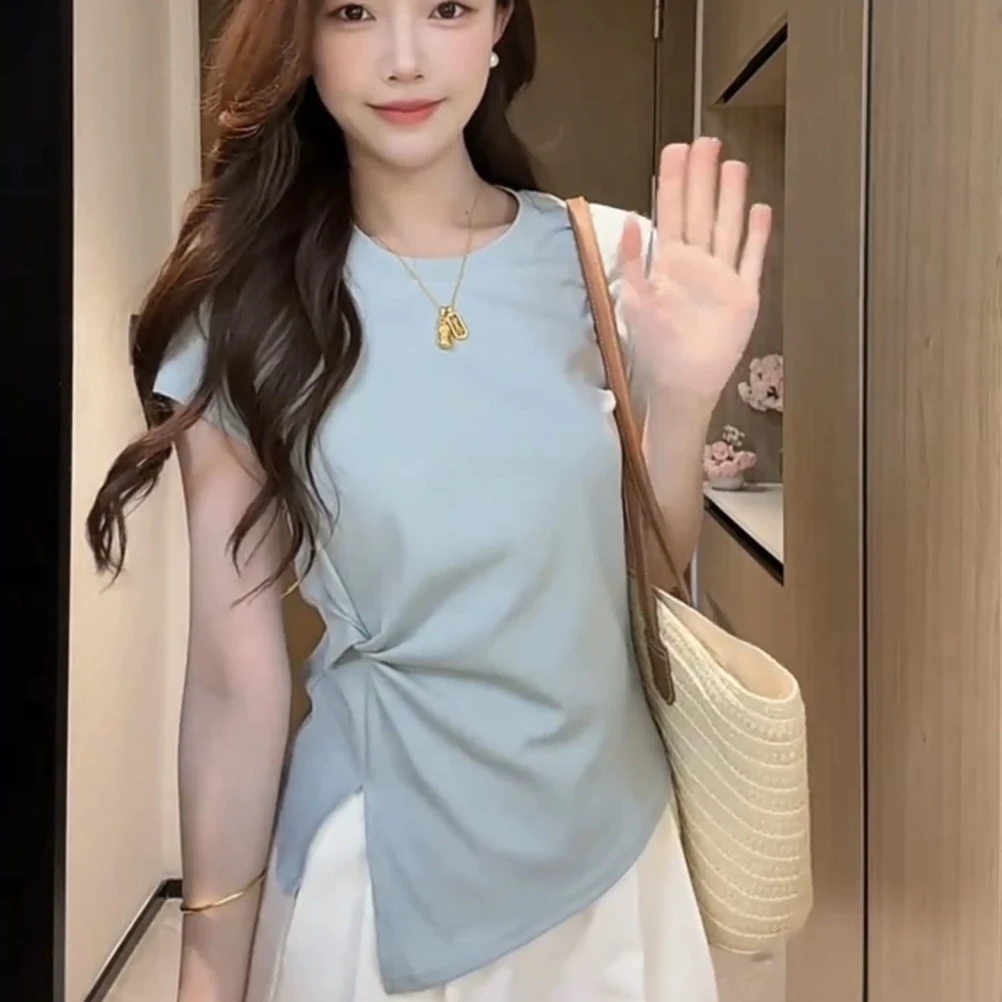 2025夏季新款爆款短袖t恤女圆领不规则抽褶下摆开叉显瘦遮肉洋气