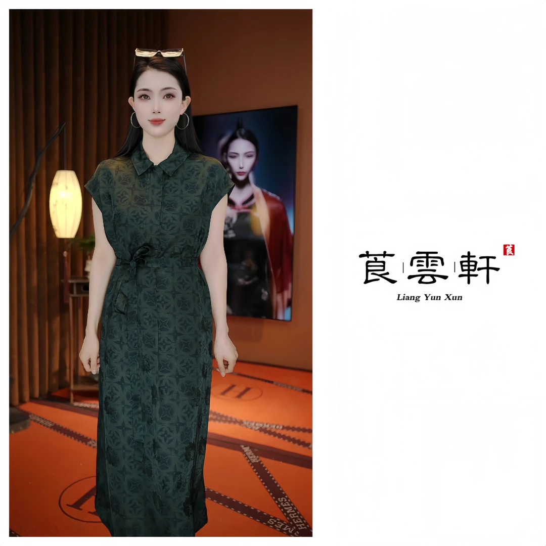 【绿风车】夏季气质减龄宽松显瘦花萝翻领长款连衣裙品质短袖女