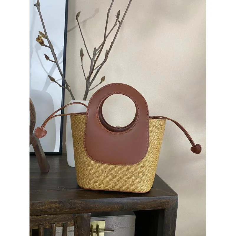 GONG QUE 新中式拉菲草编织拼牛皮波西米亚百搭斜挎手提包  3146