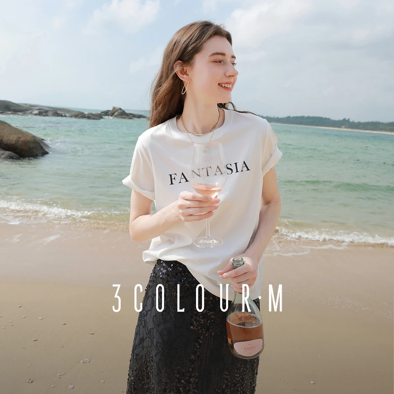 三彩2025夏季新款字母印花T恤圆领短袖宽松套头衫小白T简约M