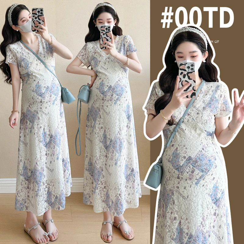 孕妇装夏季时尚弹力设计感显瘦中长款蕾丝印花连衣裙辣妈长裙