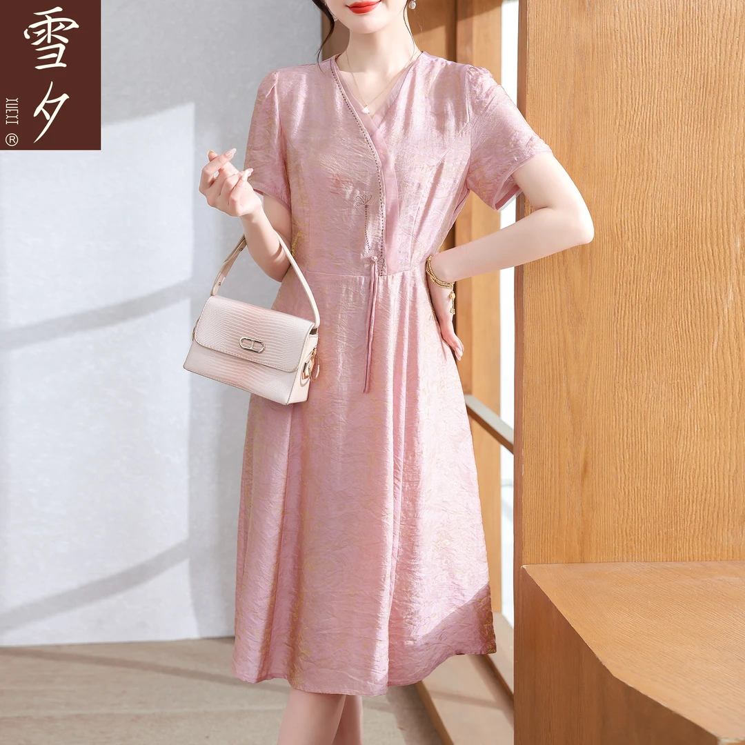 雪夕妈妈夏装时尚洋气连衣裙短袖中老年女夏季国风新款显瘦长裙子