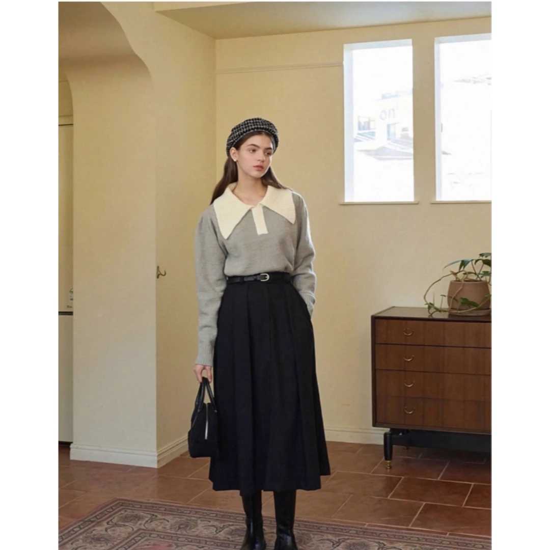 孟婆家【清仓no退no换】撞色翻领针织毛衣B17