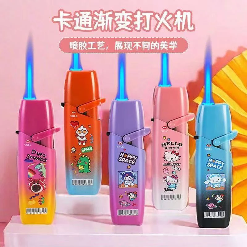 抖音新款高级防爆渐变色可爱卡通图案金属摇臂充气打火机蓝色火焰